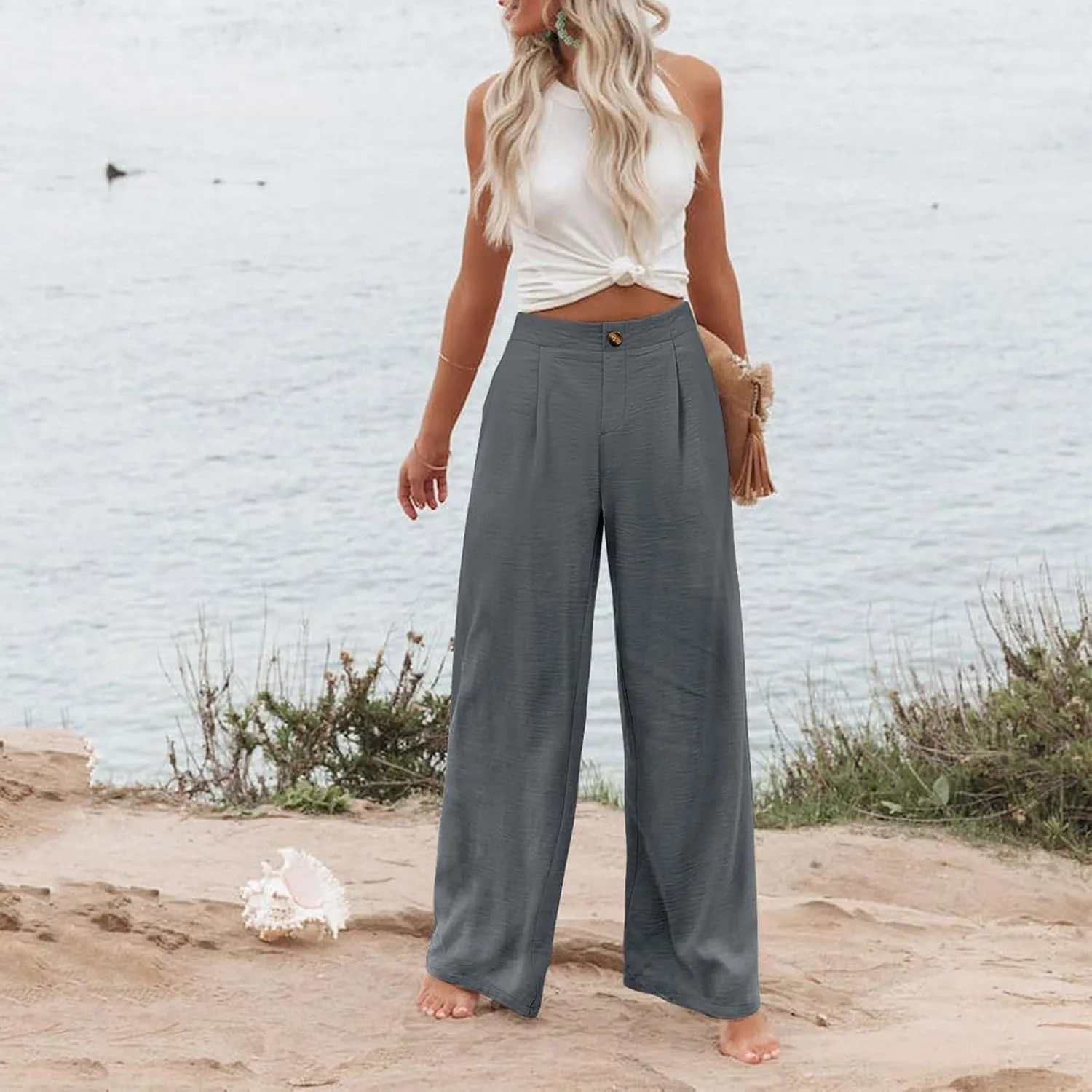 Wide Leg Trousers Pants for Women High Elastic Waisted in The Back Business Work Button Long Casual Pants Palazzo Plus