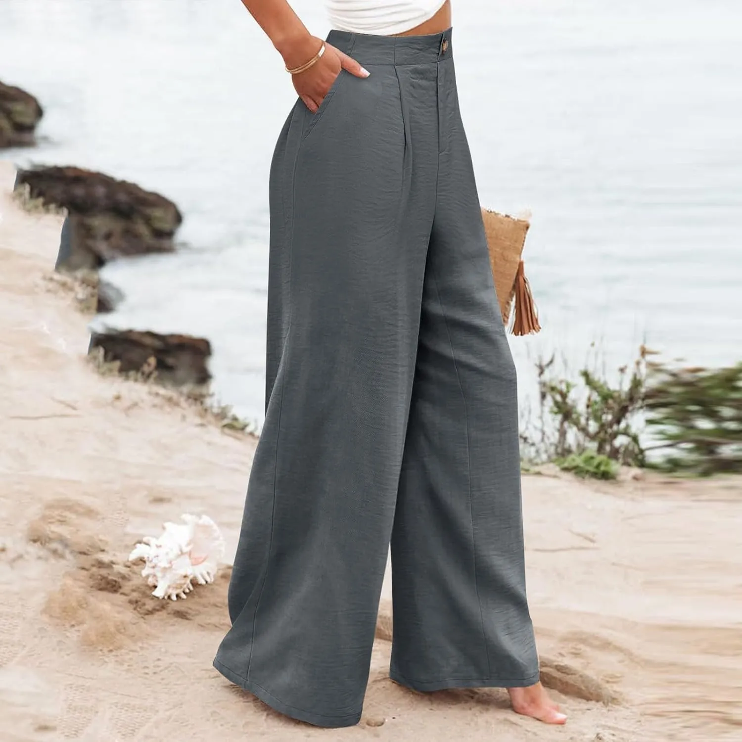 Wide Leg Trousers Pants for Women High Elastic Waisted in The Back Business Work Button Long Casual Pants Palazzo Plus