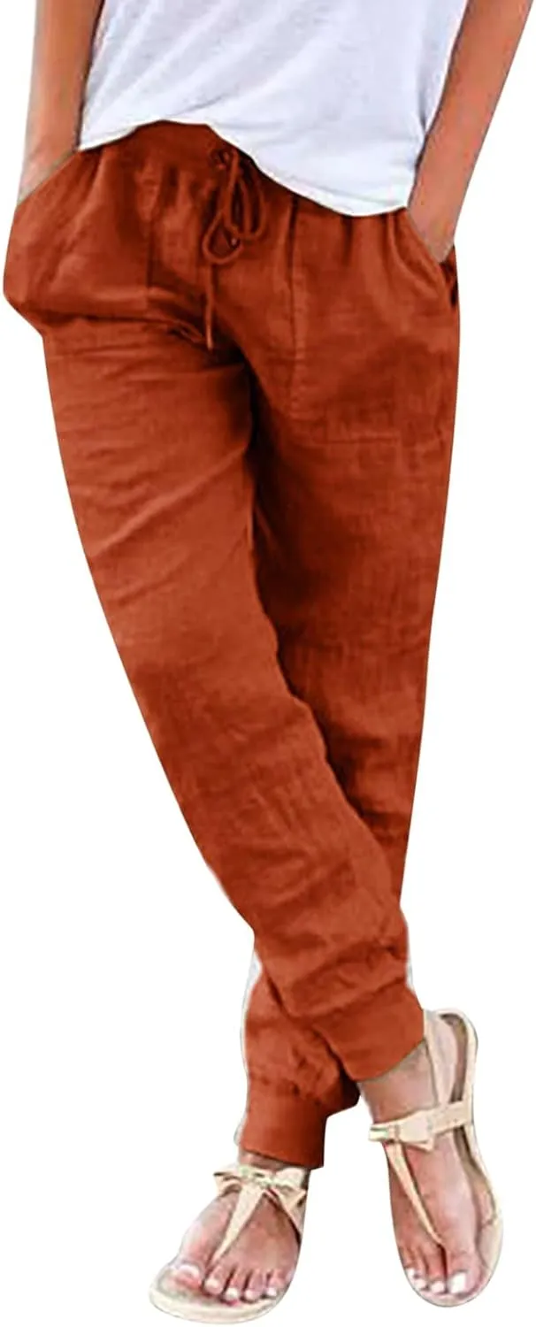 Wide Leg Trousers Women Petite Stretchy Cotton Linen 2024 Summer 2024 Pant Drawstring Pull On Boho Trendy Sweatpant