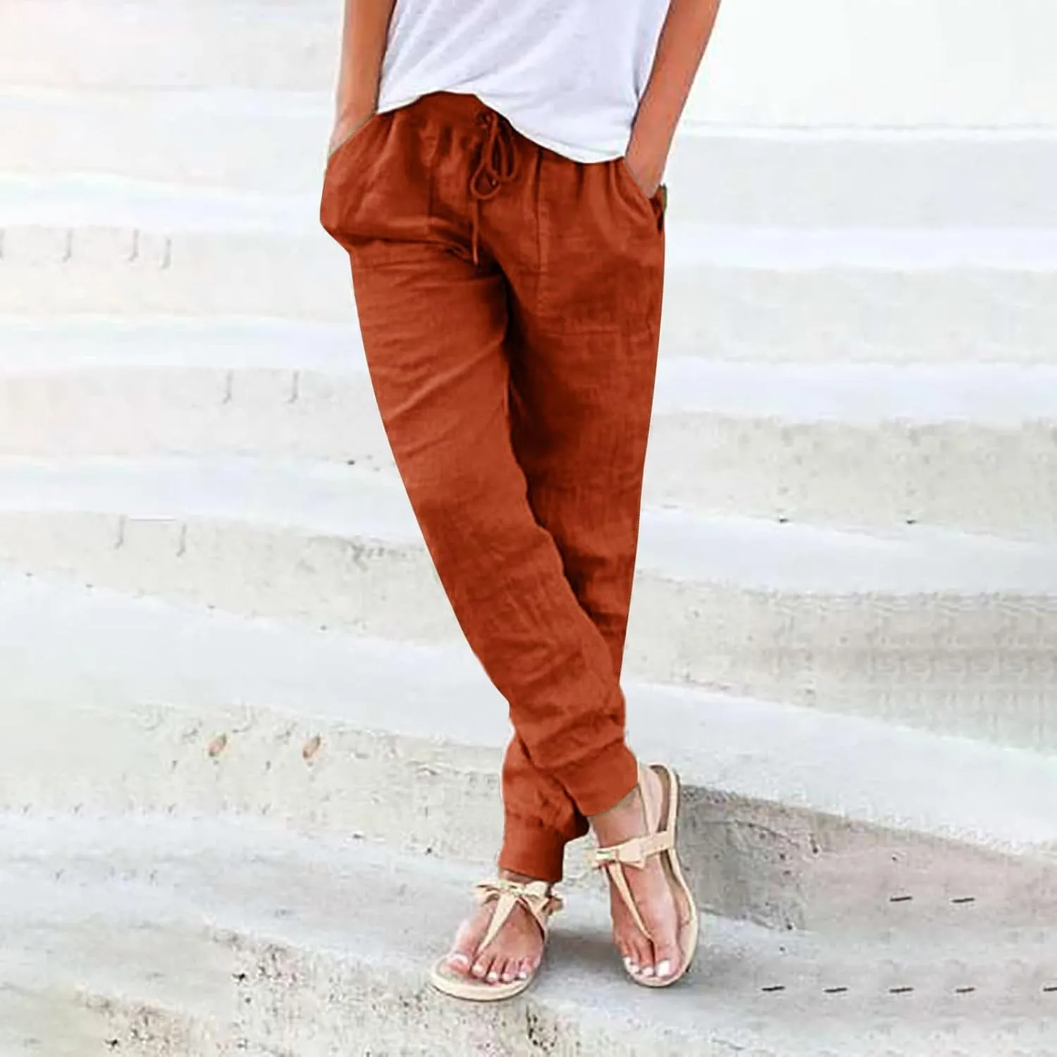 Wide Leg Trousers Women Petite Stretchy Cotton Linen 2024 Summer 2024 Pant Drawstring Pull On Boho Trendy Sweatpant