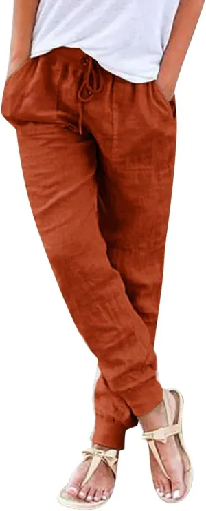 Wide Leg Trousers Women Petite Stretchy Cotton Linen 2024 Summer 2024 Pant Drawstring Pull On Boho Trendy Sweatpant