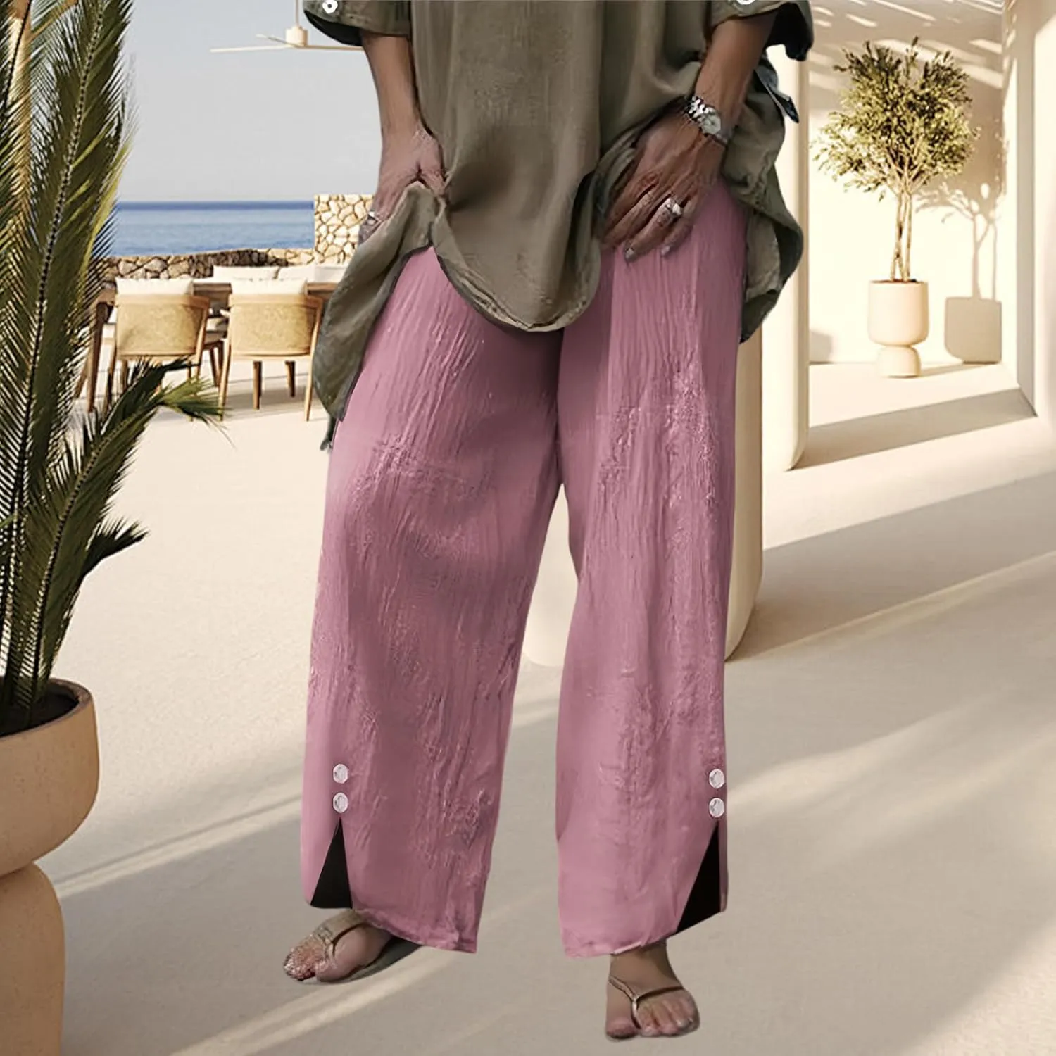 Womans Linen Pants Summer Baggy Button Wide Leg Palazzo Pants Casual High Waisted Trouser Beach Vacation Pant