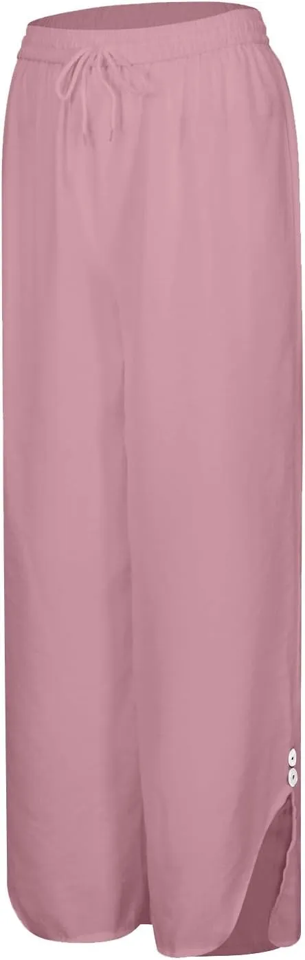 Womans Linen Pants Summer Baggy Button Wide Leg Palazzo Pants Casual High Waisted Trouser Beach Vacation Pant