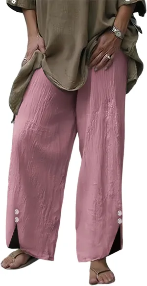 Womans Linen Pants Summer Baggy Button Wide Leg Palazzo Pants Casual High Waisted Trouser Beach Vacation Pant