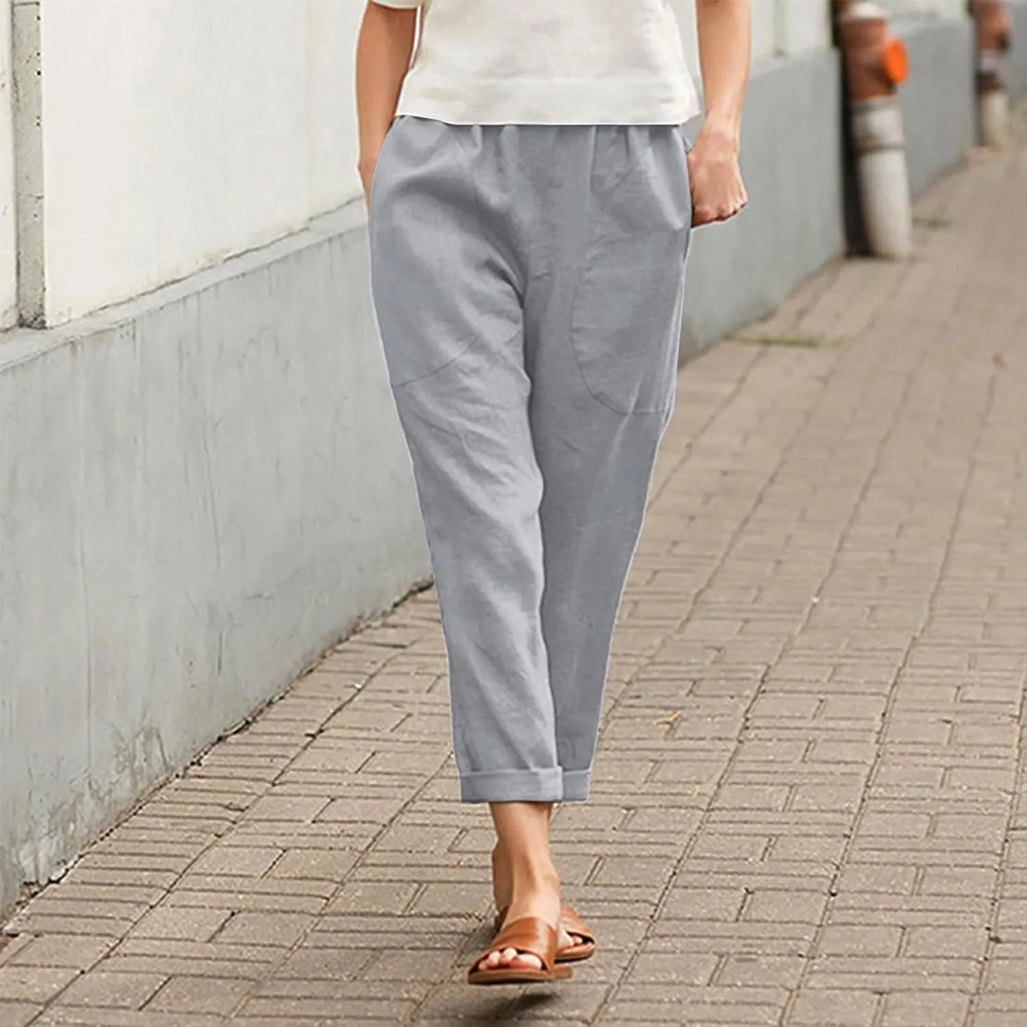 Women Casual Crppped Trousers Linen Cotton Summer Capris Pants Straight Wide Leg Casual Loose Fit Solid Pants with Pockets