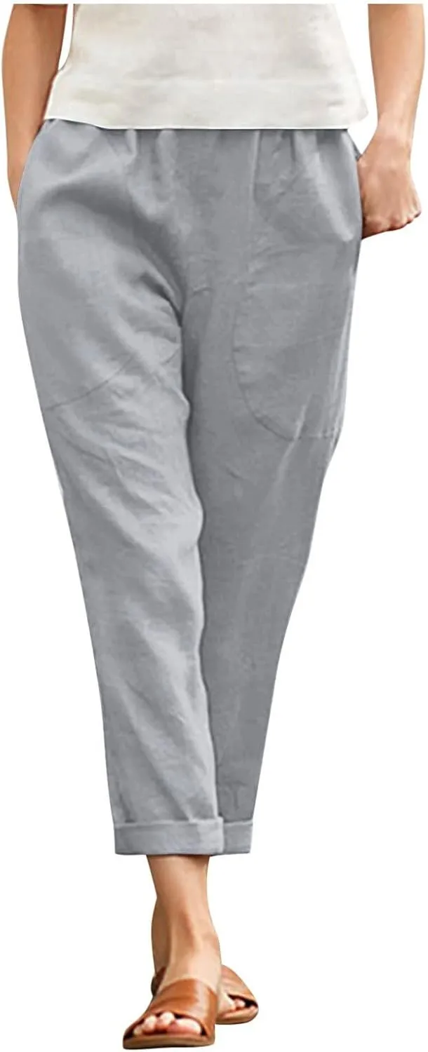 Women Casual Crppped Trousers Linen Cotton Summer Capris Pants Straight Wide Leg Casual Loose Fit Solid Pants with Pockets