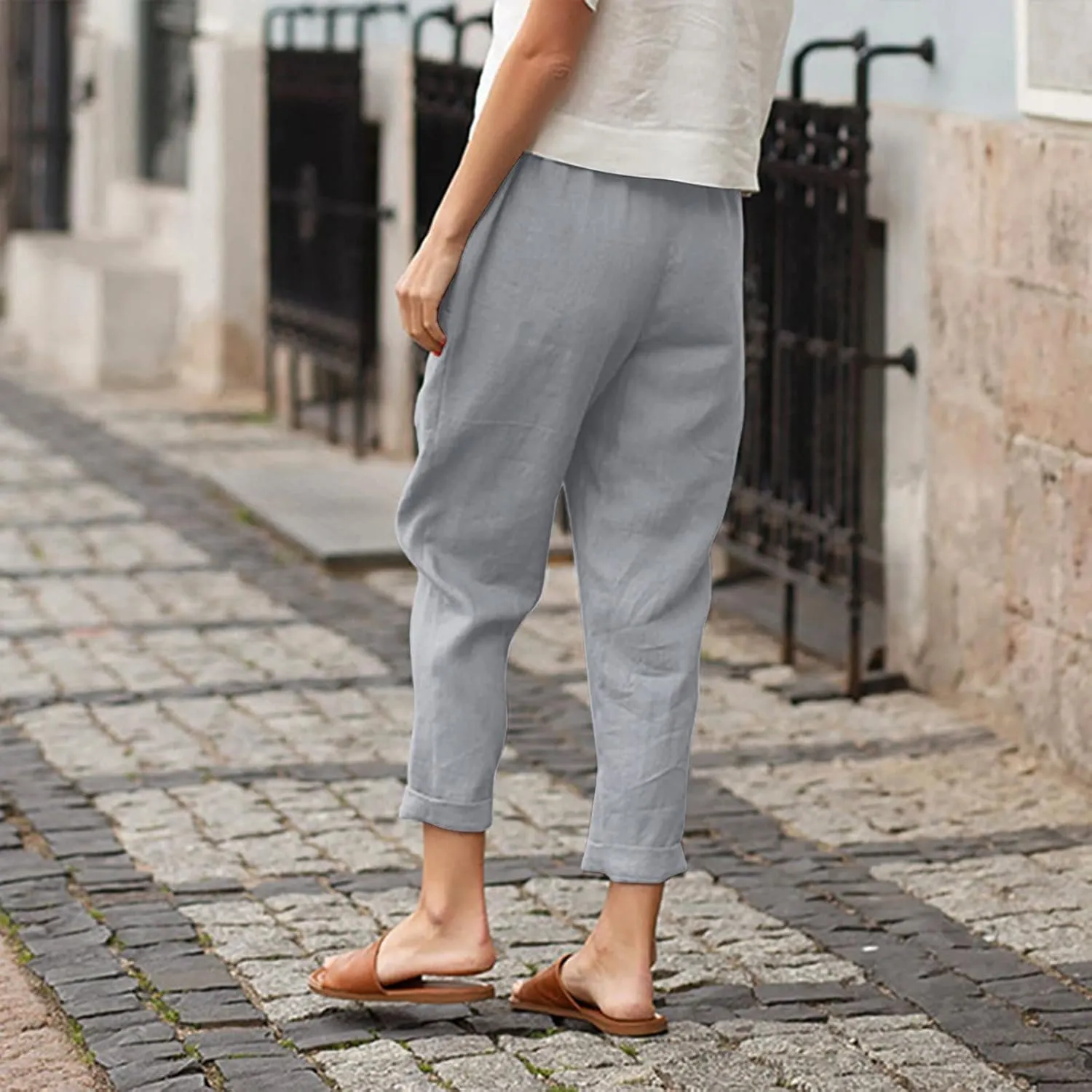 Women Casual Crppped Trousers Linen Cotton Summer Capris Pants Straight Wide Leg Casual Loose Fit Solid Pants with Pockets