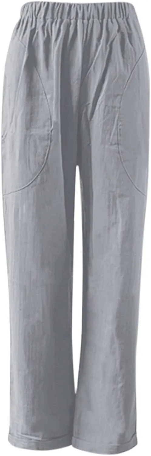 Women Casual Crppped Trousers Linen Cotton Summer Capris Pants Straight Wide Leg Casual Loose Fit Solid Pants with Pockets