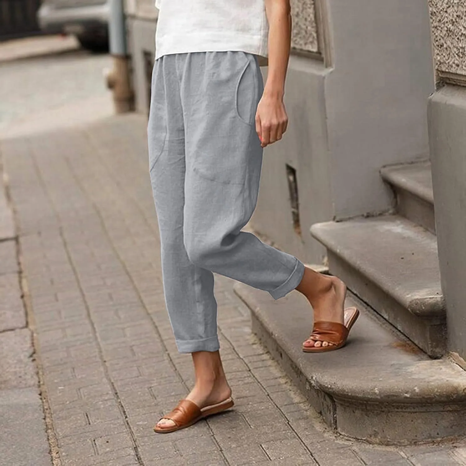 Women Casual Crppped Trousers Linen Cotton Summer Capris Pants Straight Wide Leg Casual Loose Fit Solid Pants with Pockets