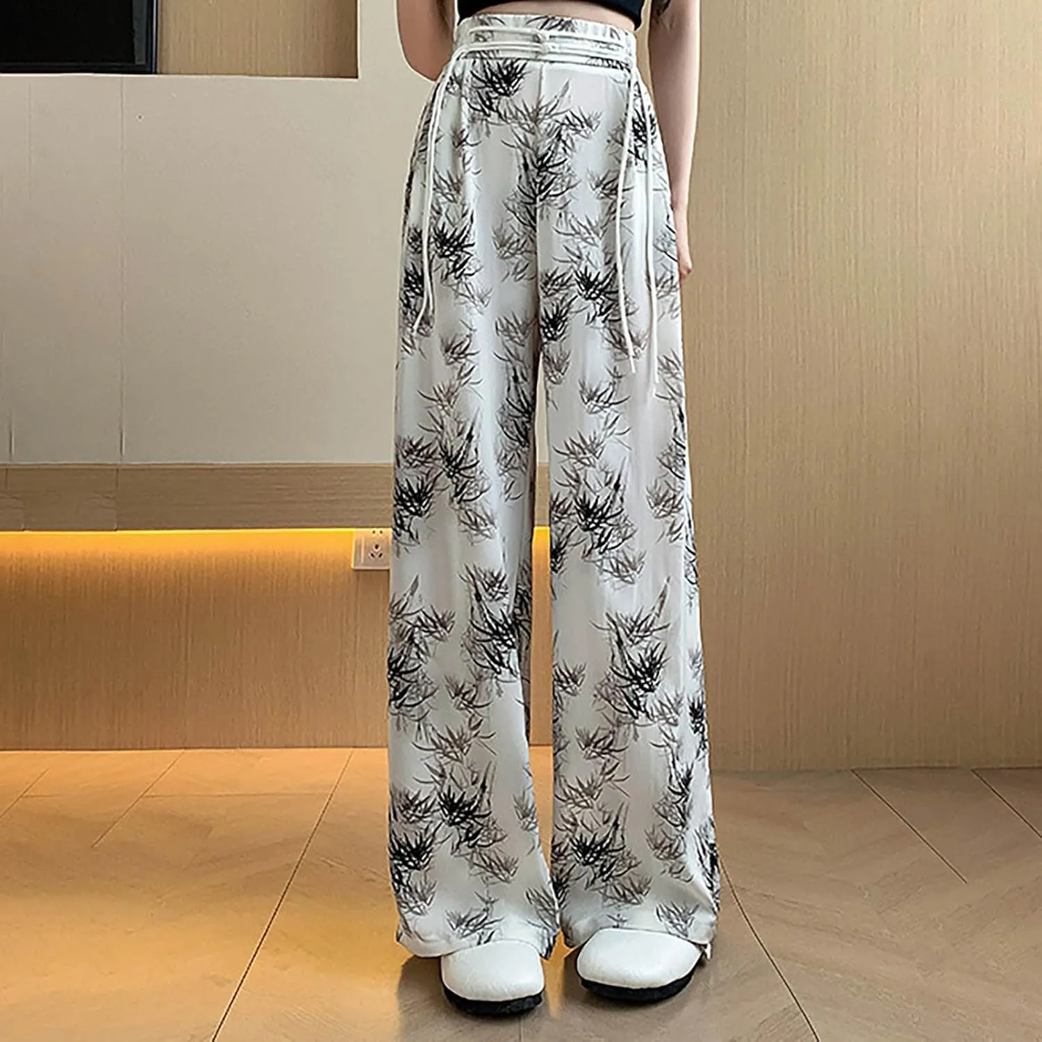 Women Chinese Style Wide Leg Pants Chinese Frog Button Drawstring High Waist Trouser Vintage Print Casual Flowy Pant