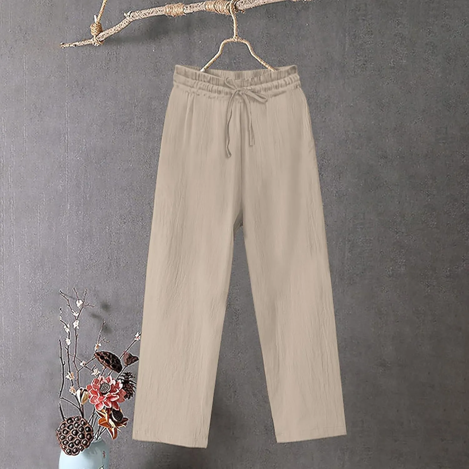 Women Cotton Linen Casual Pants, Summer Lightweight Loose Going Out Trendy Clothes Fashion Breathable Vacation Trousers