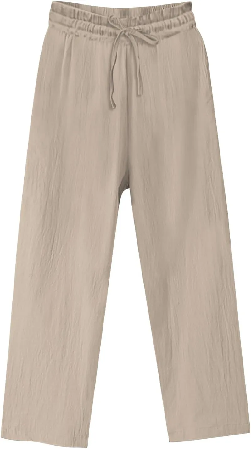 Women Cotton Linen Casual Pants, Summer Lightweight Loose Going Out Trendy Clothes Fashion Breathable Vacation Trousers
