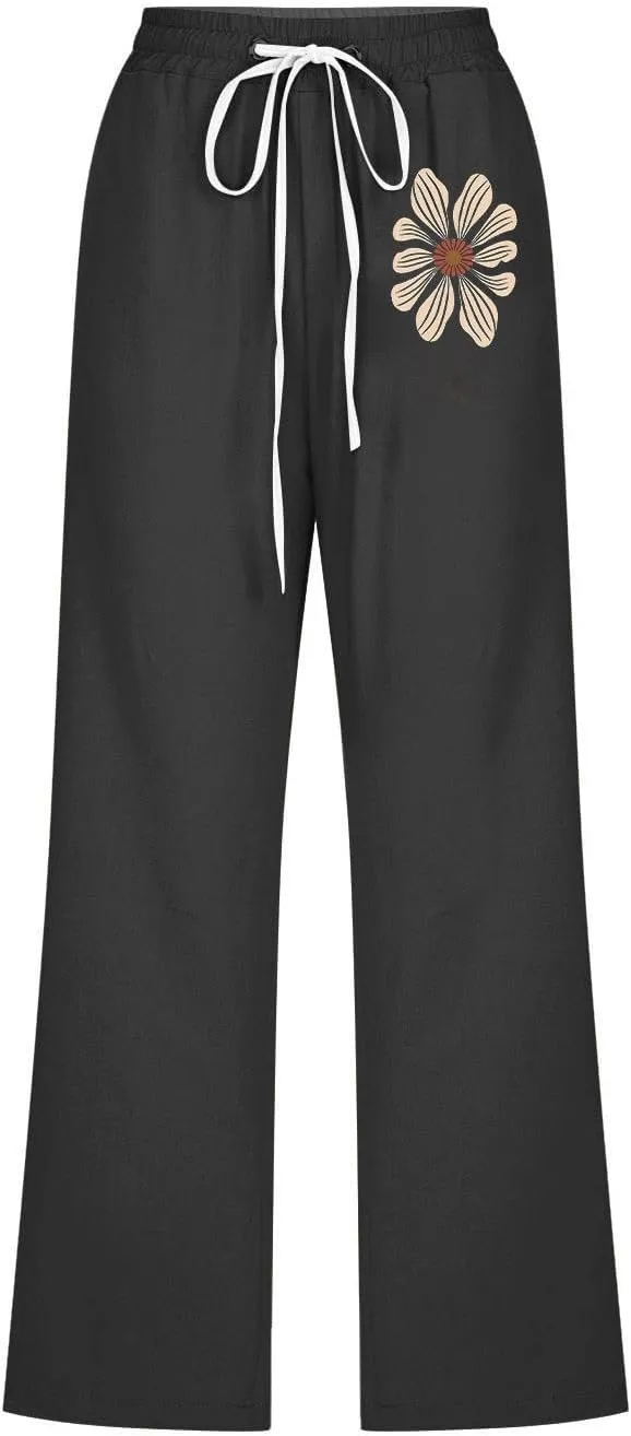 Women Cotton Linen Cropped Sweatpants, Fashion Floral Print Loose Straight Leg Pants Summer Drawstring Pockets Trousers