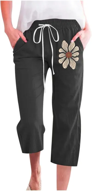 Women Cotton Linen Cropped Sweatpants, Fashion Floral Print Loose Straight Leg Pants Summer Drawstring Pockets Trousers