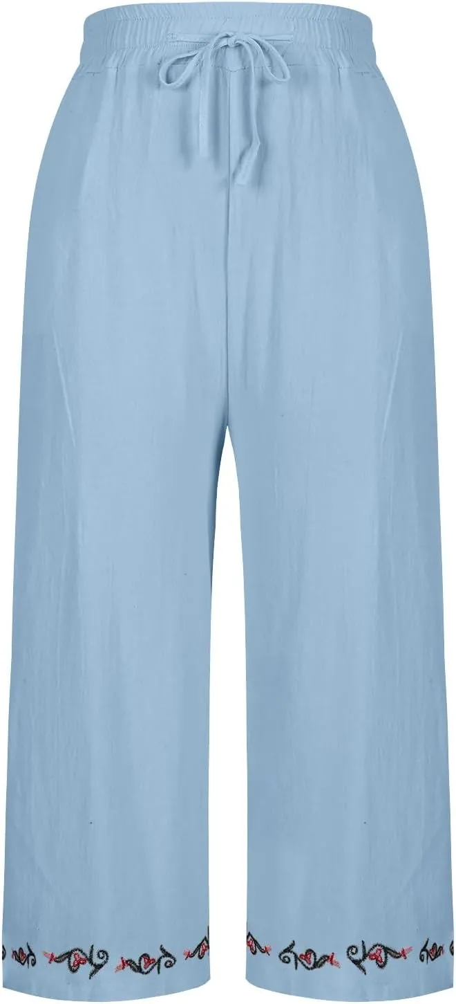 Women Cotton Linen Embroidered Capri Pants, Drawstring Casual Wide Leg Pant Summer Comfy Breathable Pockets Trousers