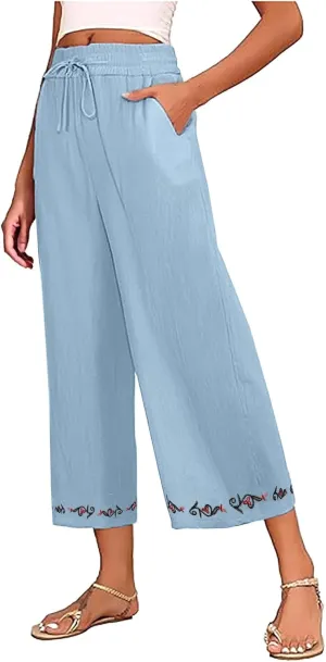 Women Cotton Linen Embroidered Capri Pants, Drawstring Casual Wide Leg Pant Summer Comfy Breathable Pockets Trousers