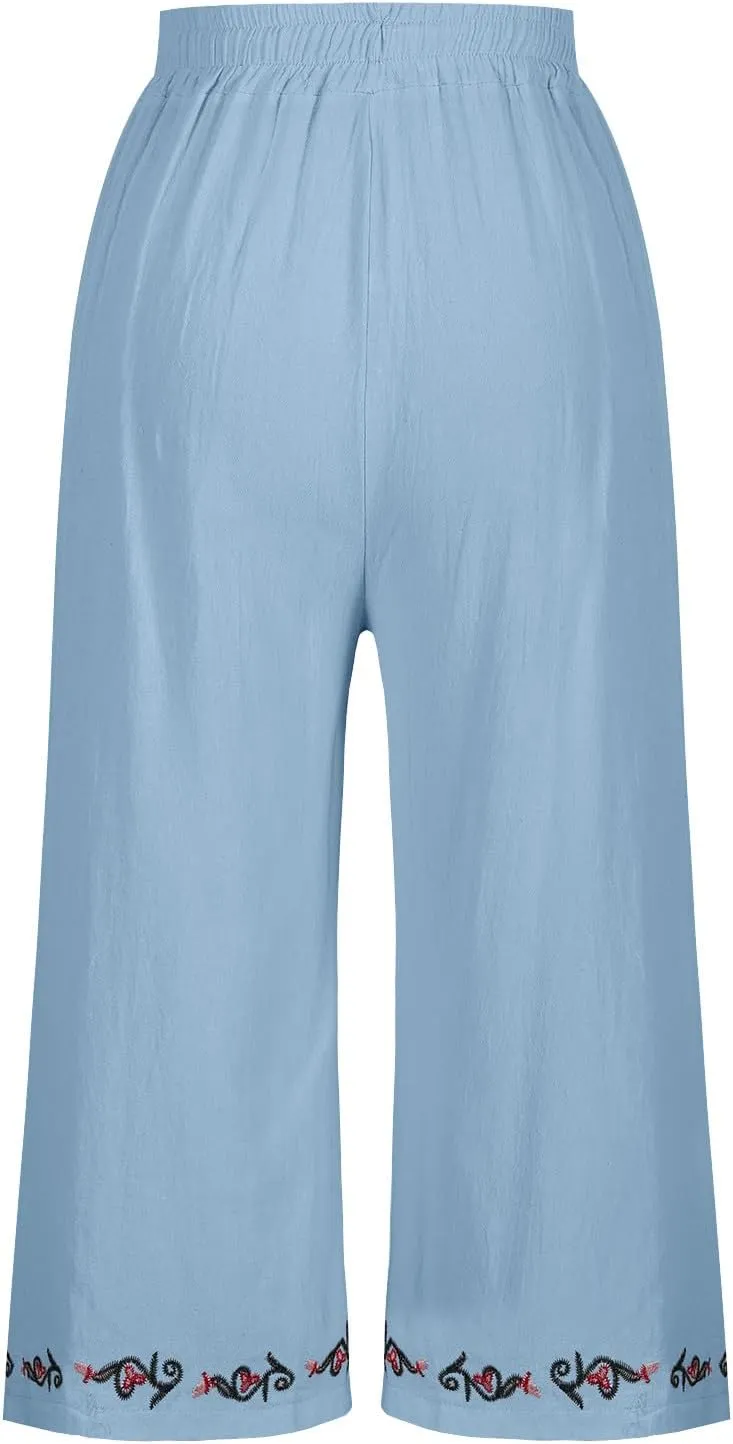 Women Cotton Linen Embroidered Capri Pants, Drawstring Casual Wide Leg Pant Summer Comfy Breathable Pockets Trousers