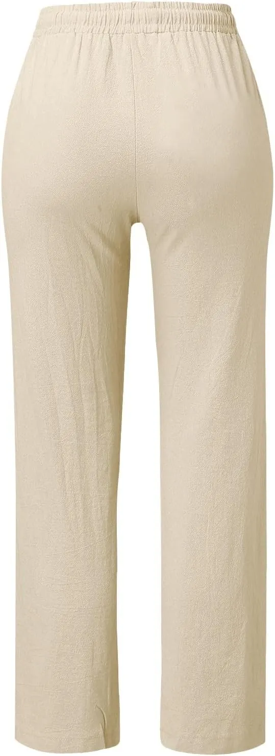 Women Cotton Linen Summer Casual Loose Palazzo Lounge Pants Elastic Waisted Ankle Length Slim Fit Pants Trendy