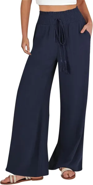 Women Cotton Linen Summer Casual Loose Palazzo Lounge Pants Elastic Waisted Stretchy Slim Fit Pant Trousers