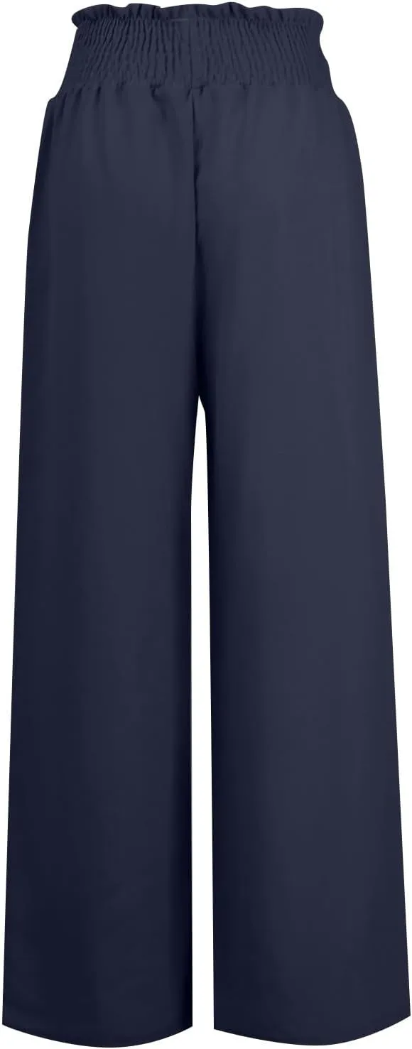 Women Cotton Linen Summer Casual Loose Palazzo Lounge Pants Elastic Waisted Stretchy Slim Fit Pant Trousers