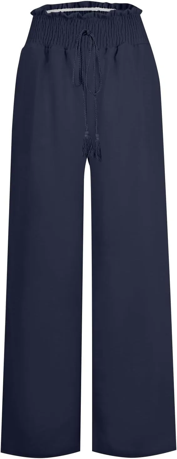 Women Cotton Linen Summer Casual Loose Palazzo Lounge Pants Elastic Waisted Stretchy Slim Fit Pant Trousers