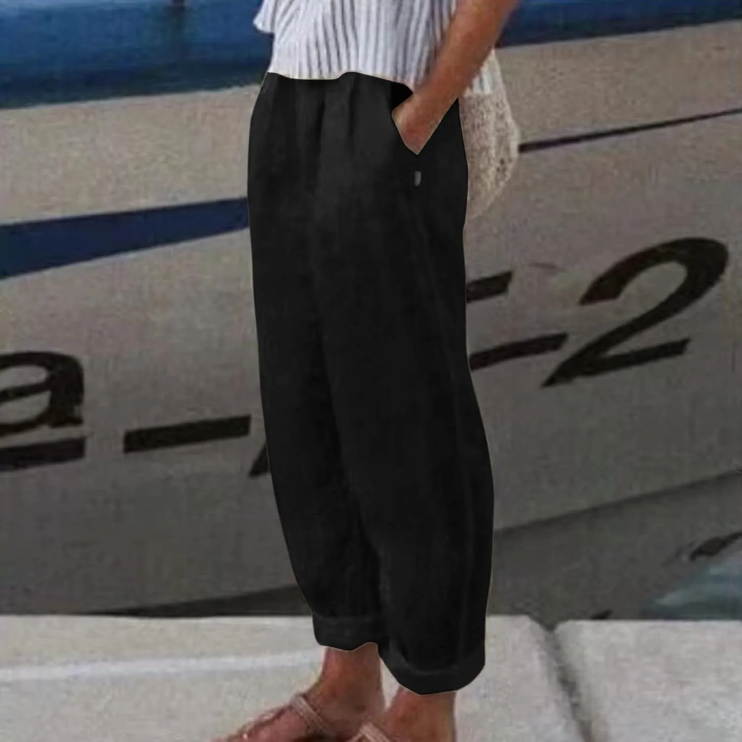 Women Cotton Linen Summer Striped Pants Elastic Waist Wide Leg Slim-Fit Palazzo Lounge Pants Beach