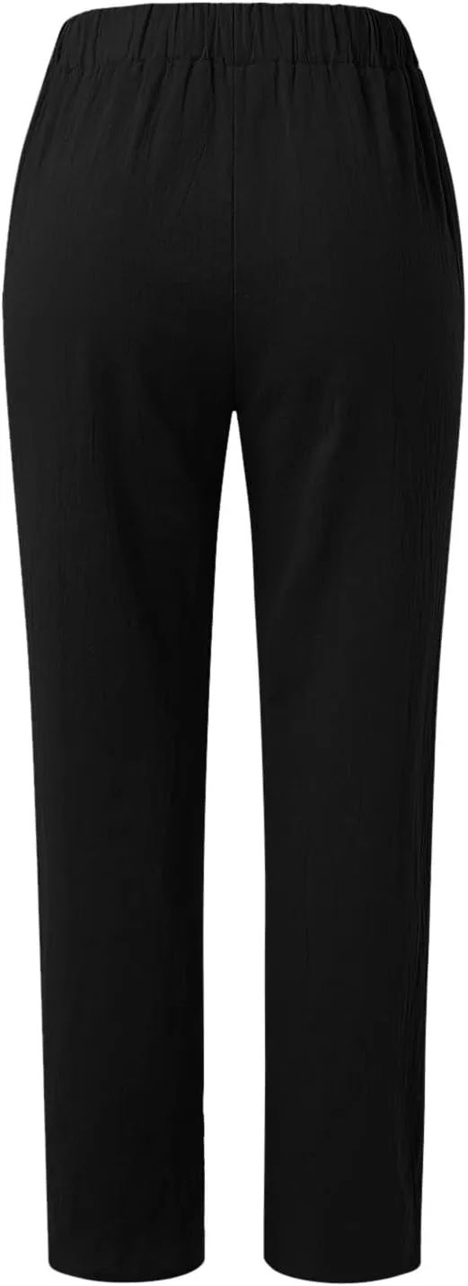 Women Cotton Linen Summer Striped Pants Elastic Waist Wide Leg Slim-Fit Palazzo Lounge Pants Beach