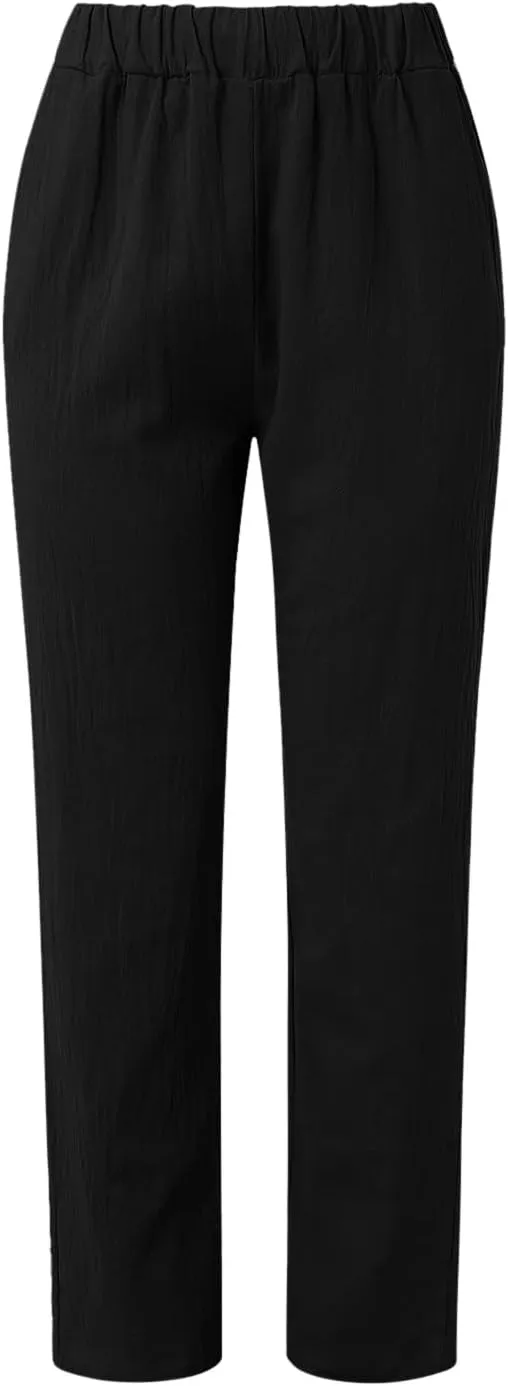 Women Cotton Linen Summer Striped Pants Elastic Waist Wide Leg Slim-Fit Palazzo Lounge Pants Beach