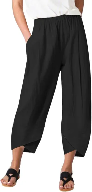 Women Linen Blend Summer Floral Palazzo Lounge Pants Elastic Waist Long Lounge Plus Size Trouser Work Business