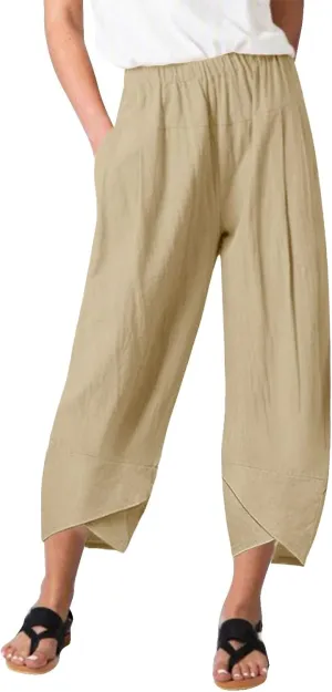 Women Linen Blend Summer Floral Palazzo Lounge Pants Elastic Waist Long Lounge Plus Size Trouser Work Business