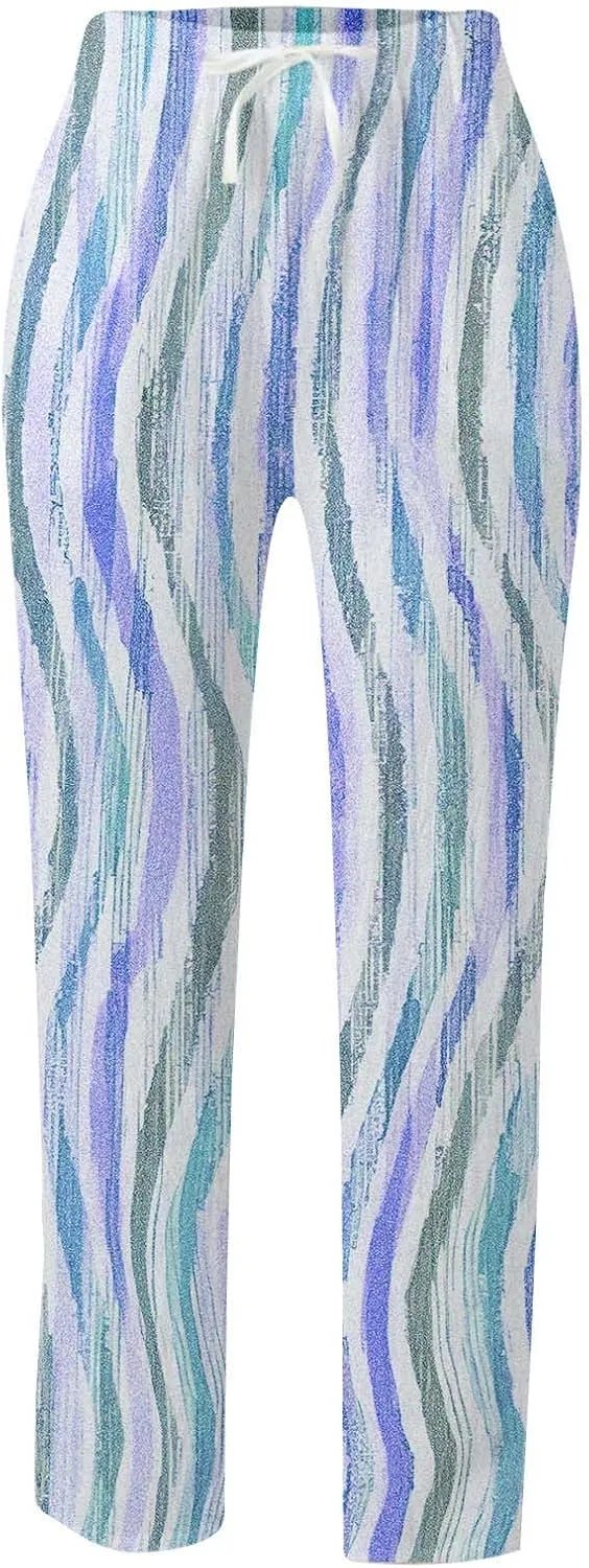 Women Linen Blend Summer Flowy Pants Elastic Waist Straight Loose Fit Pants Work Business
