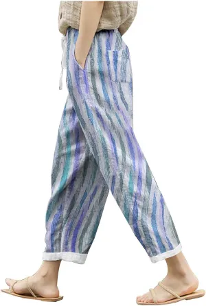 Women Linen Blend Summer Flowy Pants Elastic Waist Straight Loose Fit Pants Work Business