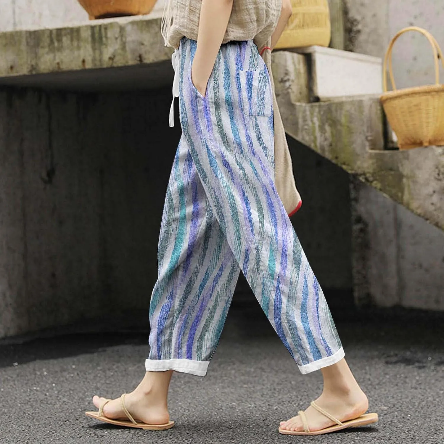 Women Linen Blend Summer Flowy Pants Elastic Waist Straight Loose Fit Pants Work Business