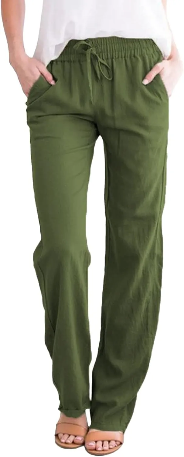 Women Linen Blend Summer Print Pants Elastic Waisted Straight Slim Fit Pant Trousers Work Business