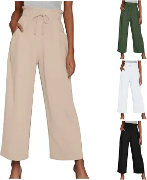 Women Linen Palazzo Pants High Waist Wide Leg Pant Casual Loose Elastic Waisted Holiday Vacation Trousers with Pocket