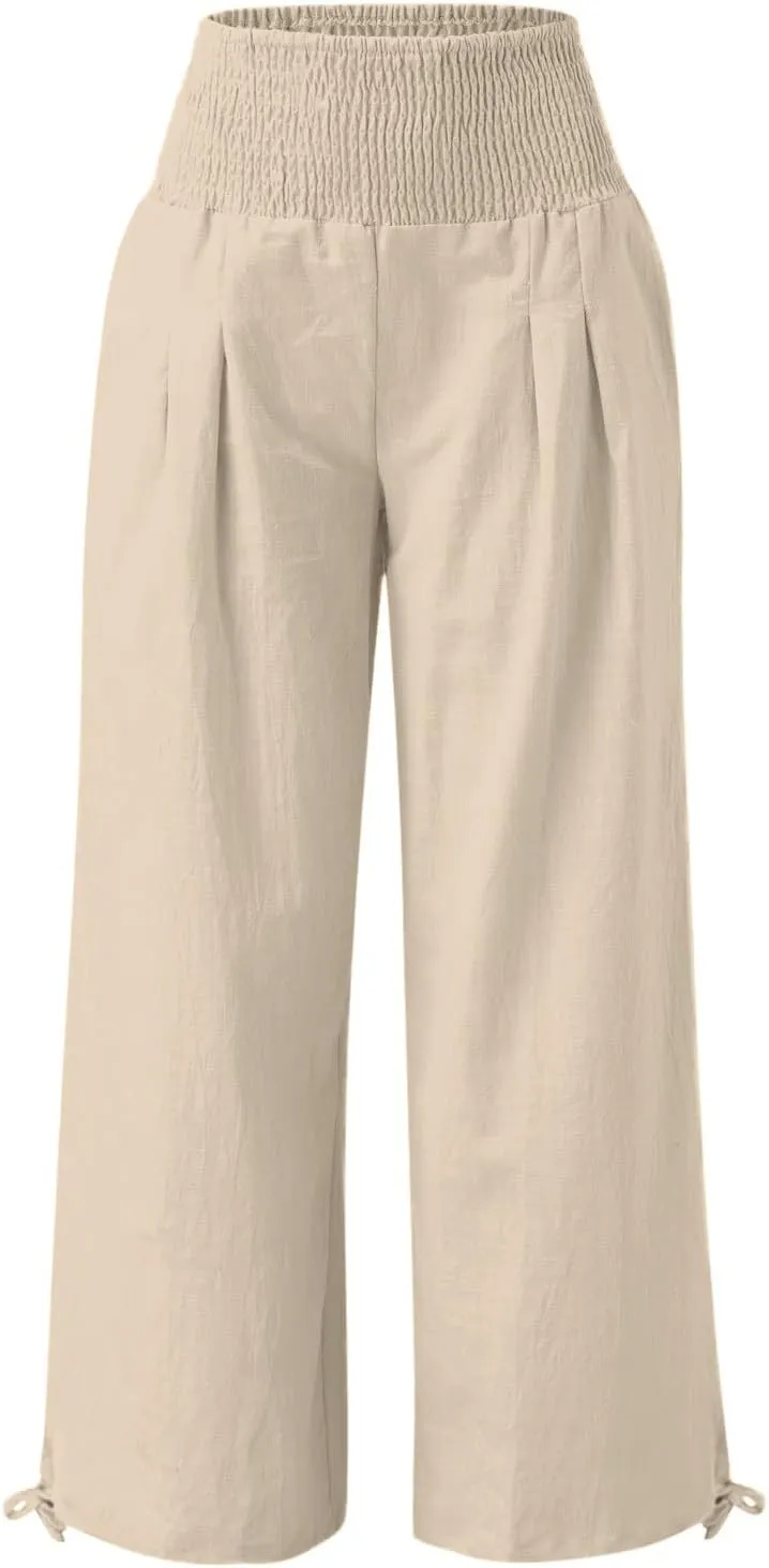 Women Linen Palazzo Summer Wide Leg High Waisted Casual Pants Beach Travel Vacation Plus Size Trousers with Pockets