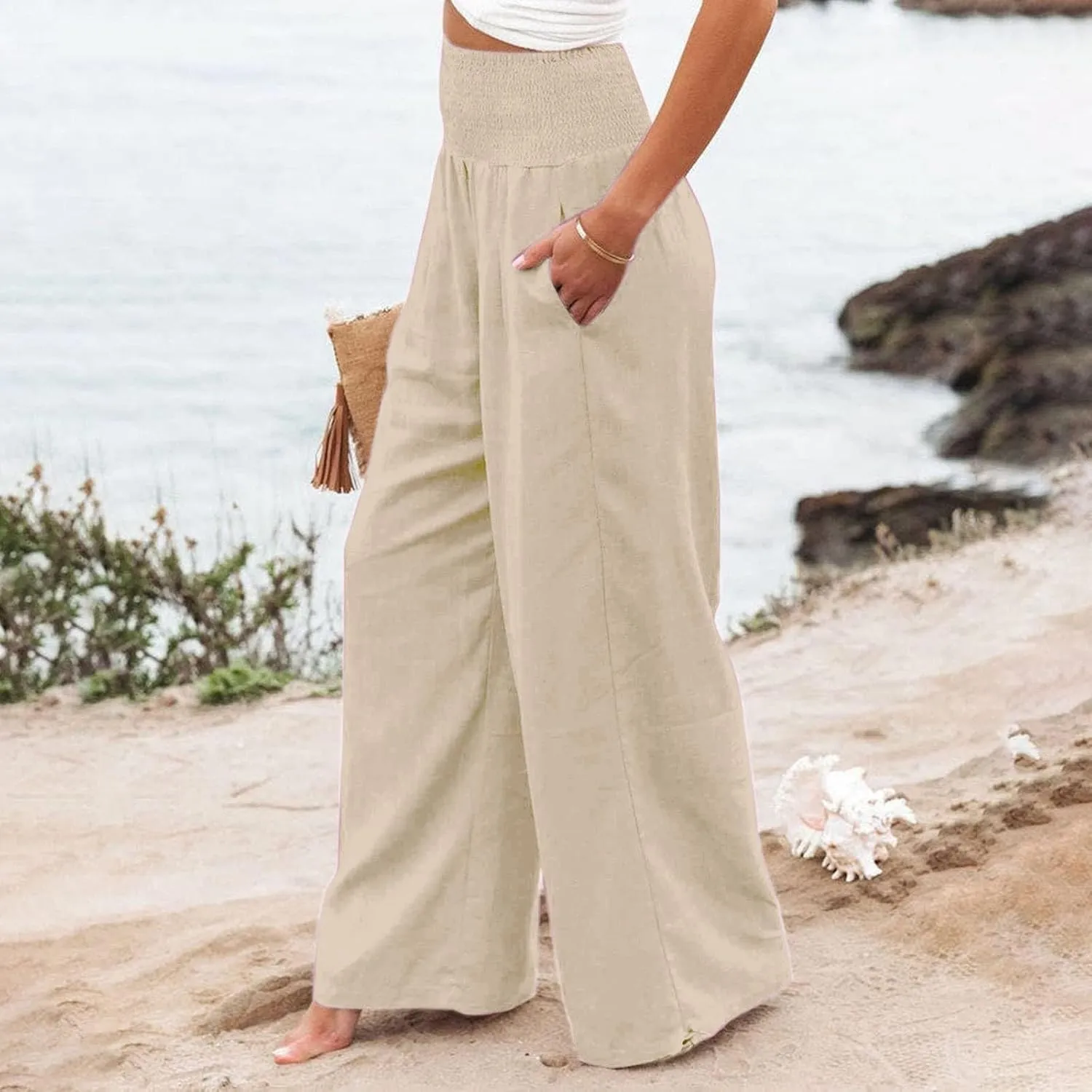Women Linen Palazzo Summer Wide Leg High Waisted Casual Pants Beach Travel Vacation Plus Size Trousers with Pockets