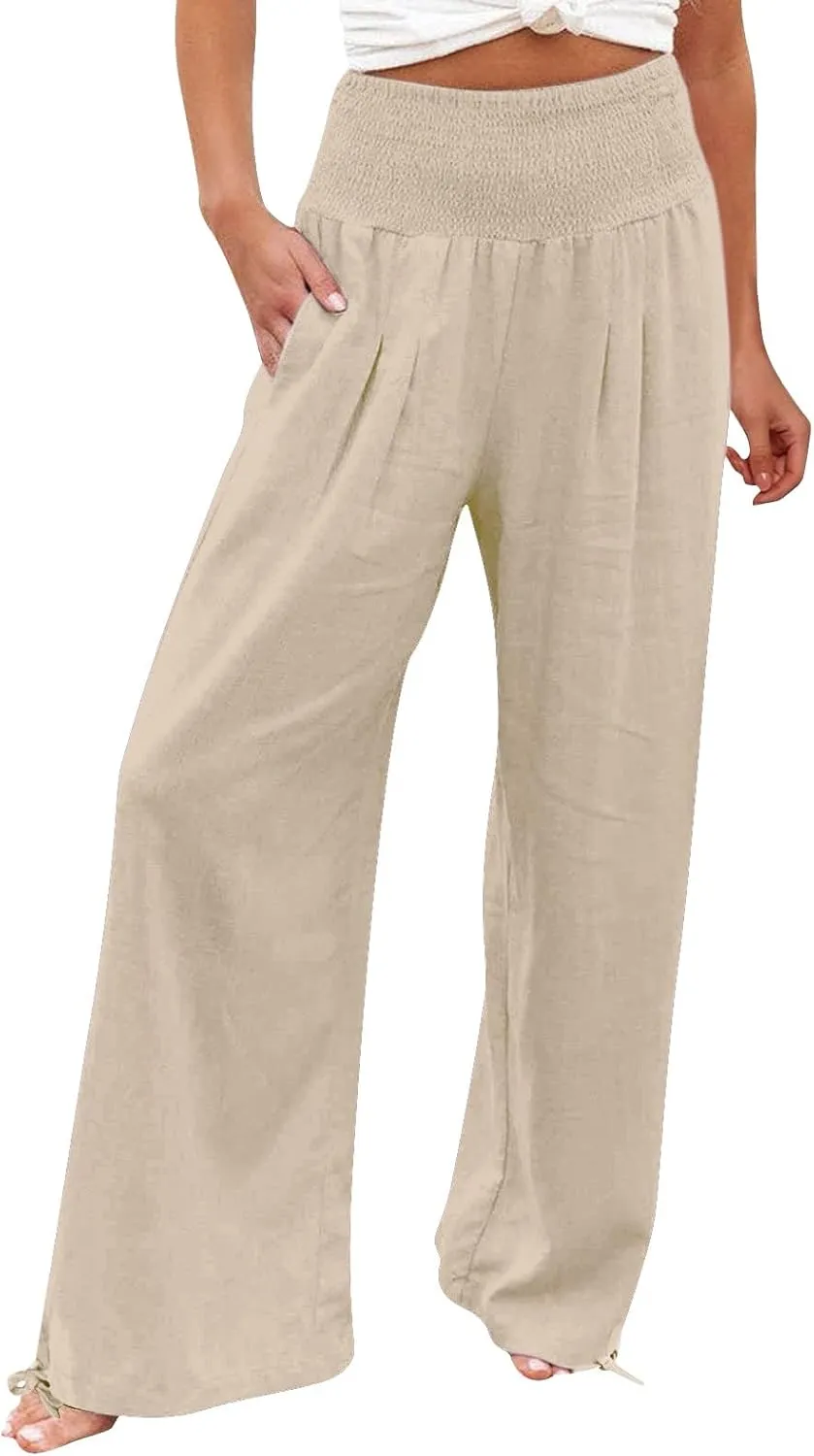Women Linen Palazzo Summer Wide Leg High Waisted Casual Pants Beach Travel Vacation Plus Size Trousers with Pockets