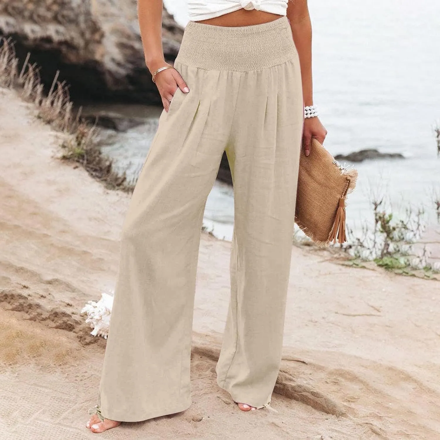 Women Linen Palazzo Summer Wide Leg High Waisted Casual Pants Beach Travel Vacation Plus Size Trousers with Pockets