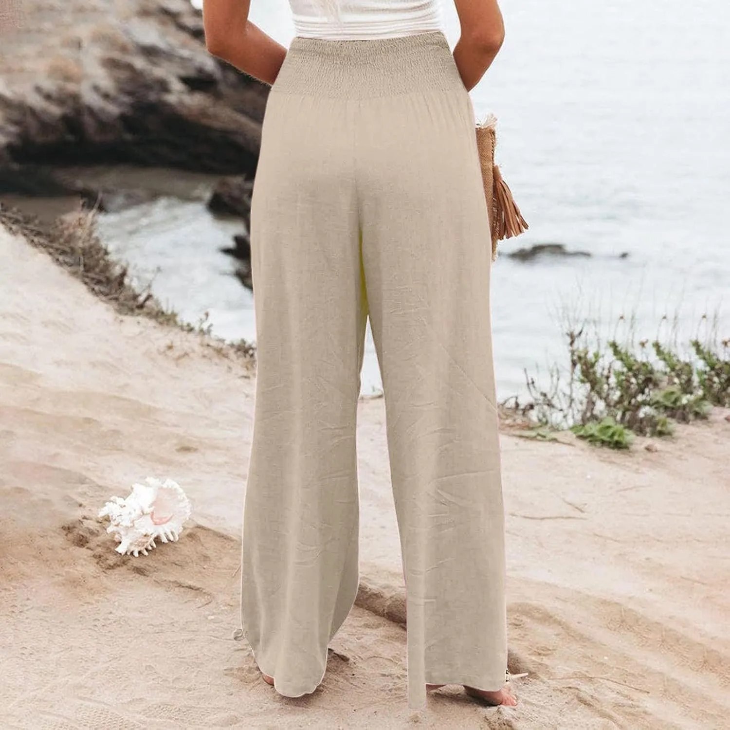 Women Linen Palazzo Summer Wide Leg High Waisted Casual Pants Beach Travel Vacation Plus Size Trousers with Pockets