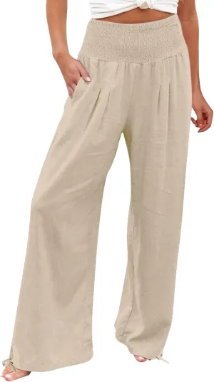 Women Linen Palazzo Summer Wide Leg High Waisted Casual Pants Beach Travel Vacation Plus Size Trousers with Pockets