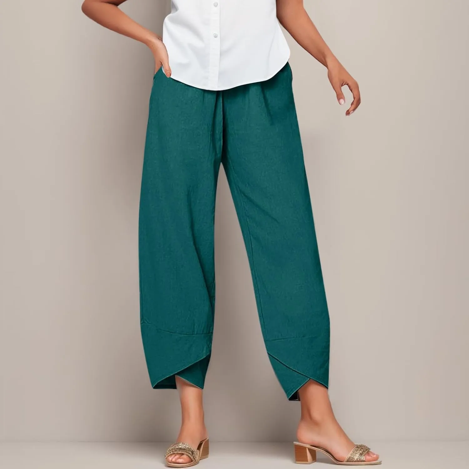 Women Linen Pants Casual Summer Loose Fit Beach Solid Color Plus Size High Waist Linen Pants Stretch Trousers with Pockets