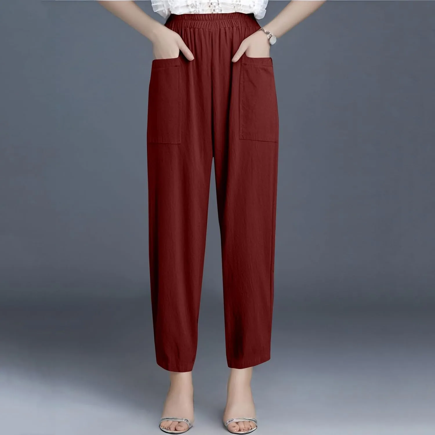 Women Linen Pants Summer High Waist Palazzo Pants Casual Wide Pant Comfy Tummy Control Trousers with Pockets (S-2Xl)