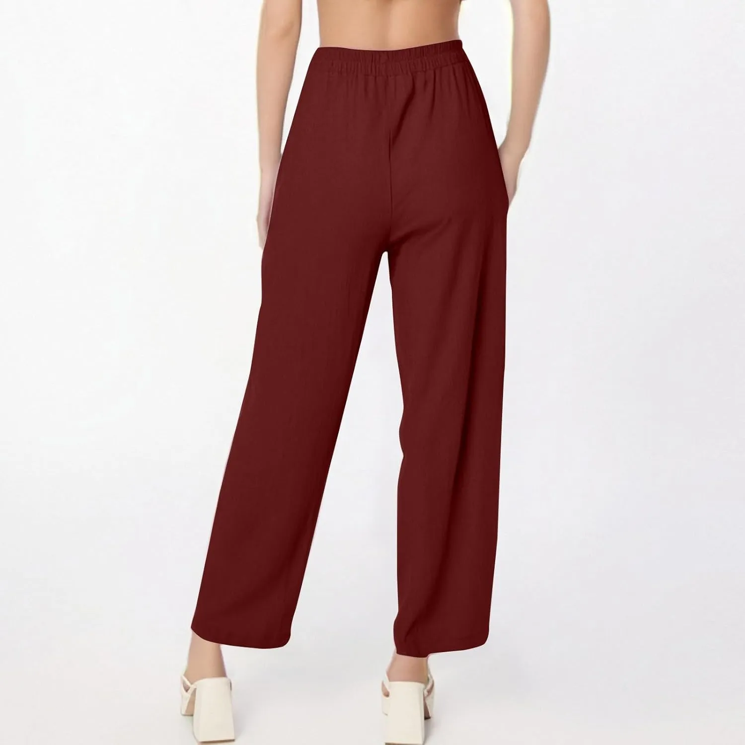 Women Linen Pants Summer High Waist Palazzo Pants Casual Wide Pant Comfy Tummy Control Trousers with Pockets (S-2Xl)