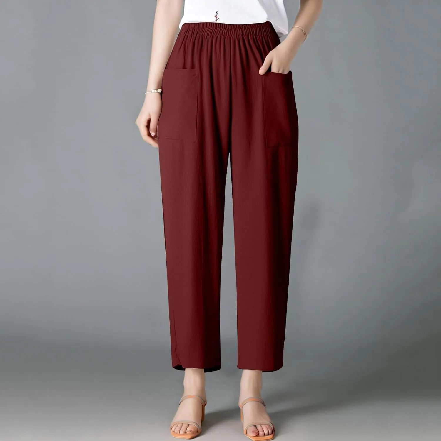 Women Linen Pants Summer High Waist Palazzo Pants Casual Wide Pant Comfy Tummy Control Trousers with Pockets (S-2Xl)