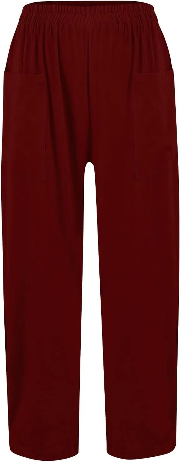 Women Linen Pants Summer High Waist Palazzo Pants Casual Wide Pant Comfy Tummy Control Trousers with Pockets (S-2Xl)