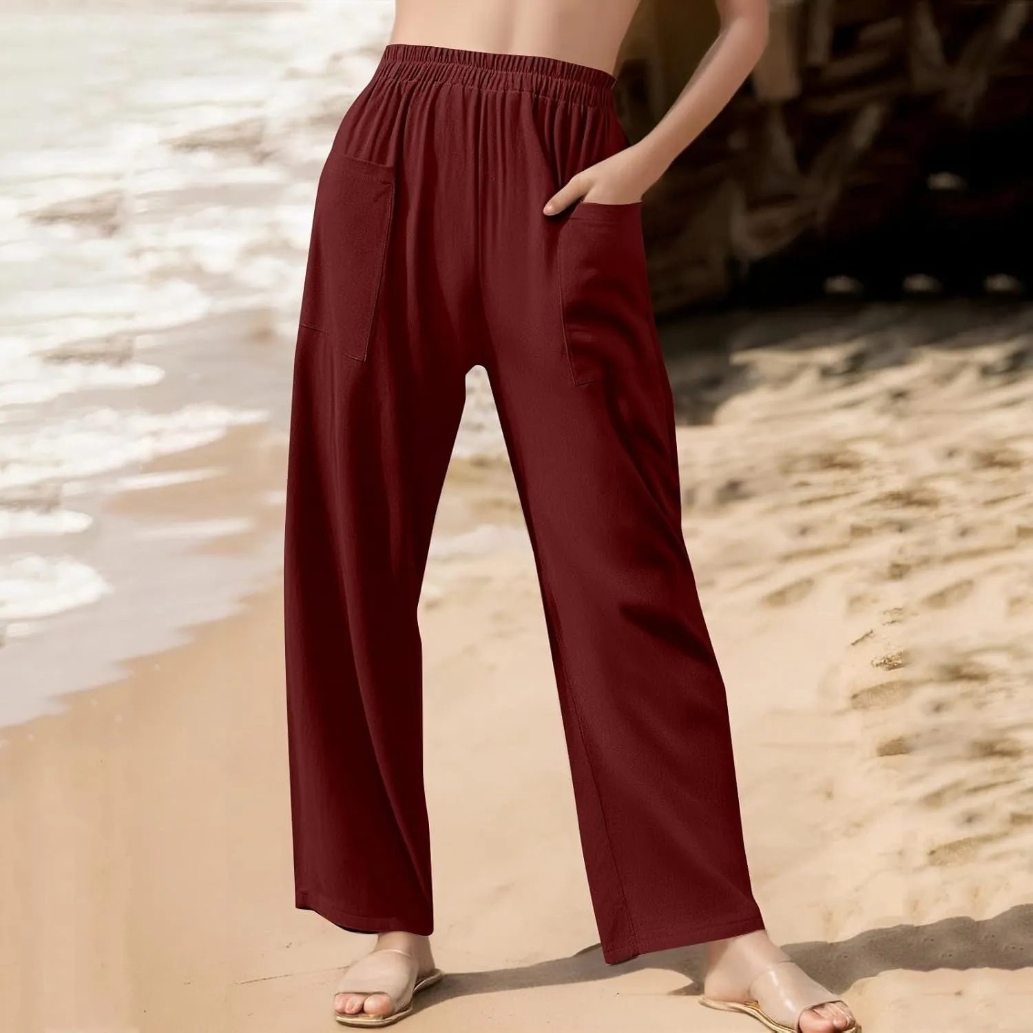 Women Linen Pants Summer High Waist Palazzo Pants Casual Wide Pant Comfy Tummy Control Trousers with Pockets (S-2Xl)