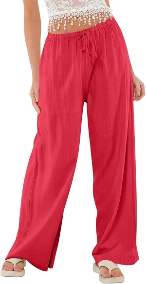 Women Linen Pants Summer Palazzo Pants Drawstring High Waist Trouser Pant Tummy Control Wide Leg Pant with Pockets