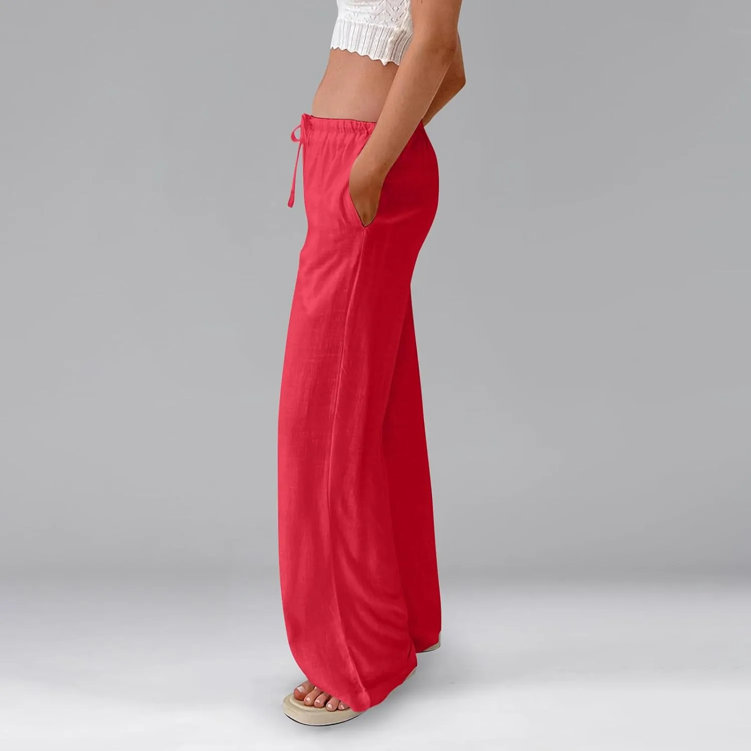 Women Linen Pants Summer Palazzo Pants Drawstring High Waist Trouser Pant Tummy Control Wide Leg Pant with Pockets
