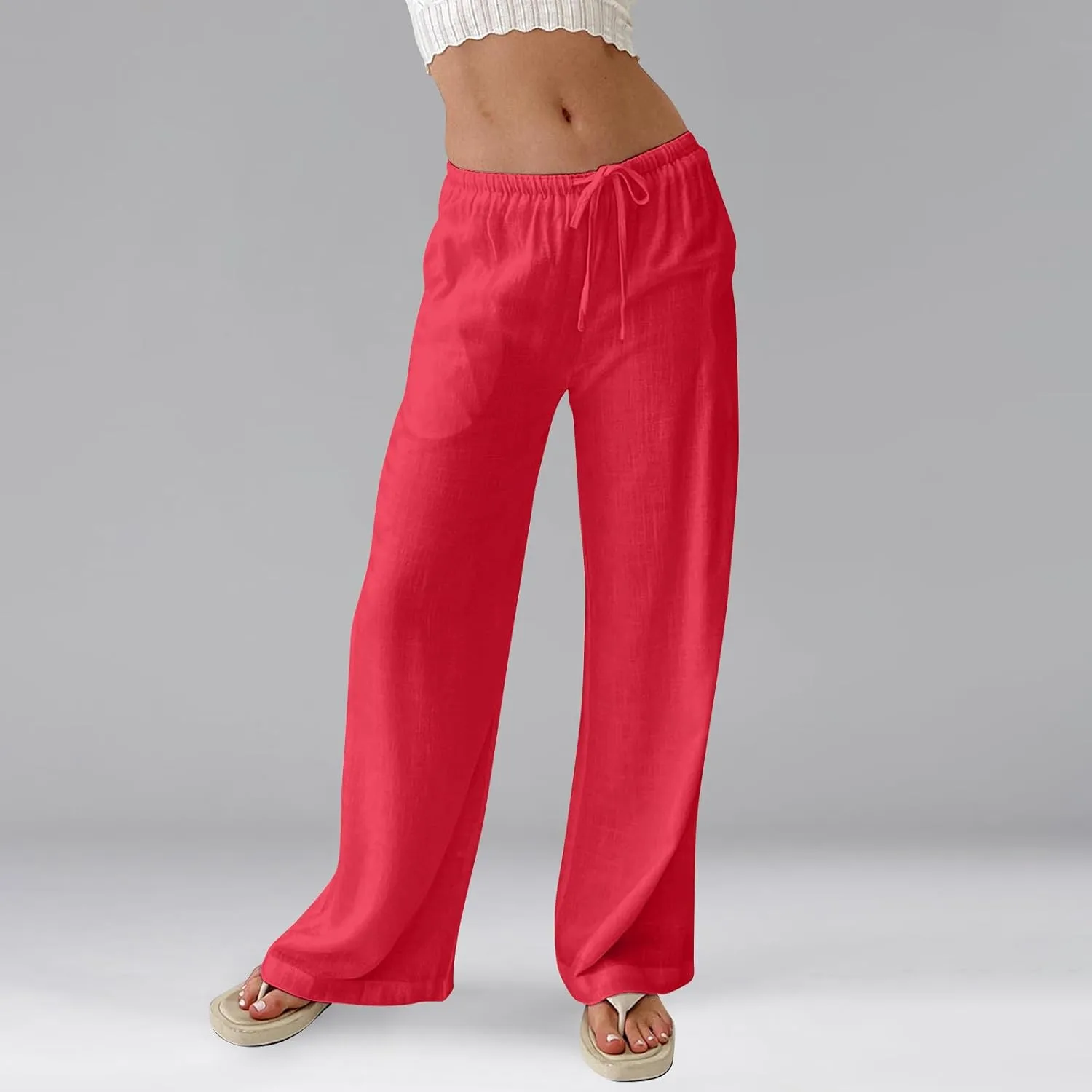 Women Linen Pants Summer Palazzo Pants Drawstring High Waist Trouser Pant Tummy Control Wide Leg Pant with Pockets